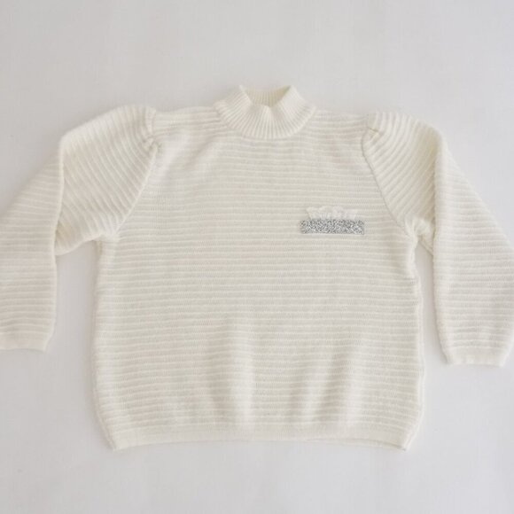 Vintage White Knit Ribbed 15% Angora Mockneck Sweater S Made in Italy - Picture 1 of 14
